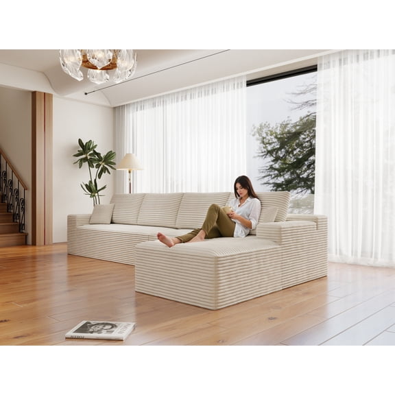 Modular Sectional Sofa with Plush Corduroy Fabric No Assembly Required 4 Piece Reversible Chaise Lounge for Living Room Apartment Bedroom