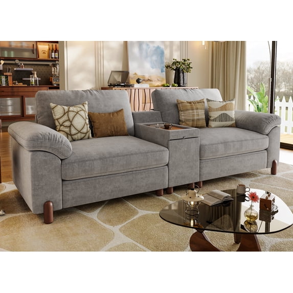 Modular Sectional Sofa with Removable Washable Covers, Oversized Deep Seat 2 Seater Loveseats with Console, Chenille in Light Gray