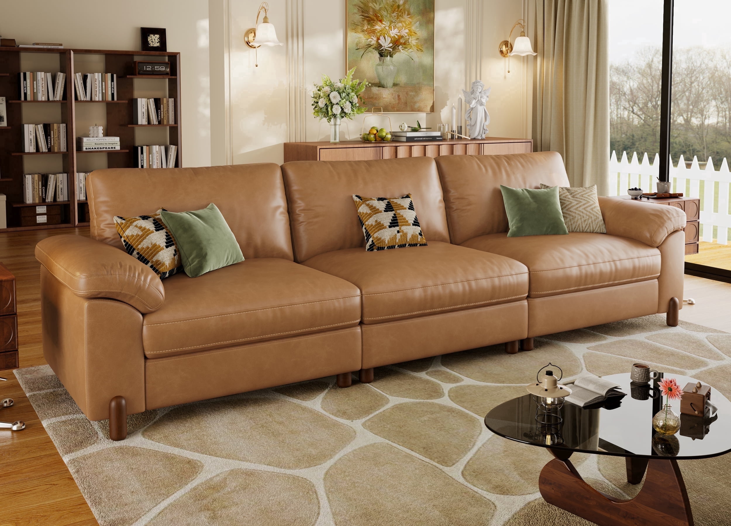 Modular Sectional Sofa with Removable Washable Covers, Oversized Deep Seat 3 Seater Couch, Pet-Friendly Leather in Brown