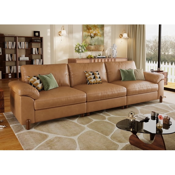 Modular Sectional Sofa with Removable Washable Covers, Oversized Deep Seat 3 Seater Couch, Pet-Friendly Leather in Brown