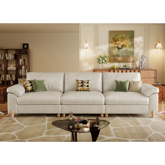 Modular Sectional Sofa with Removable Washable Covers, Oversized Deep Seat 3 Seater Couch, Pet-Friendly Leather in White