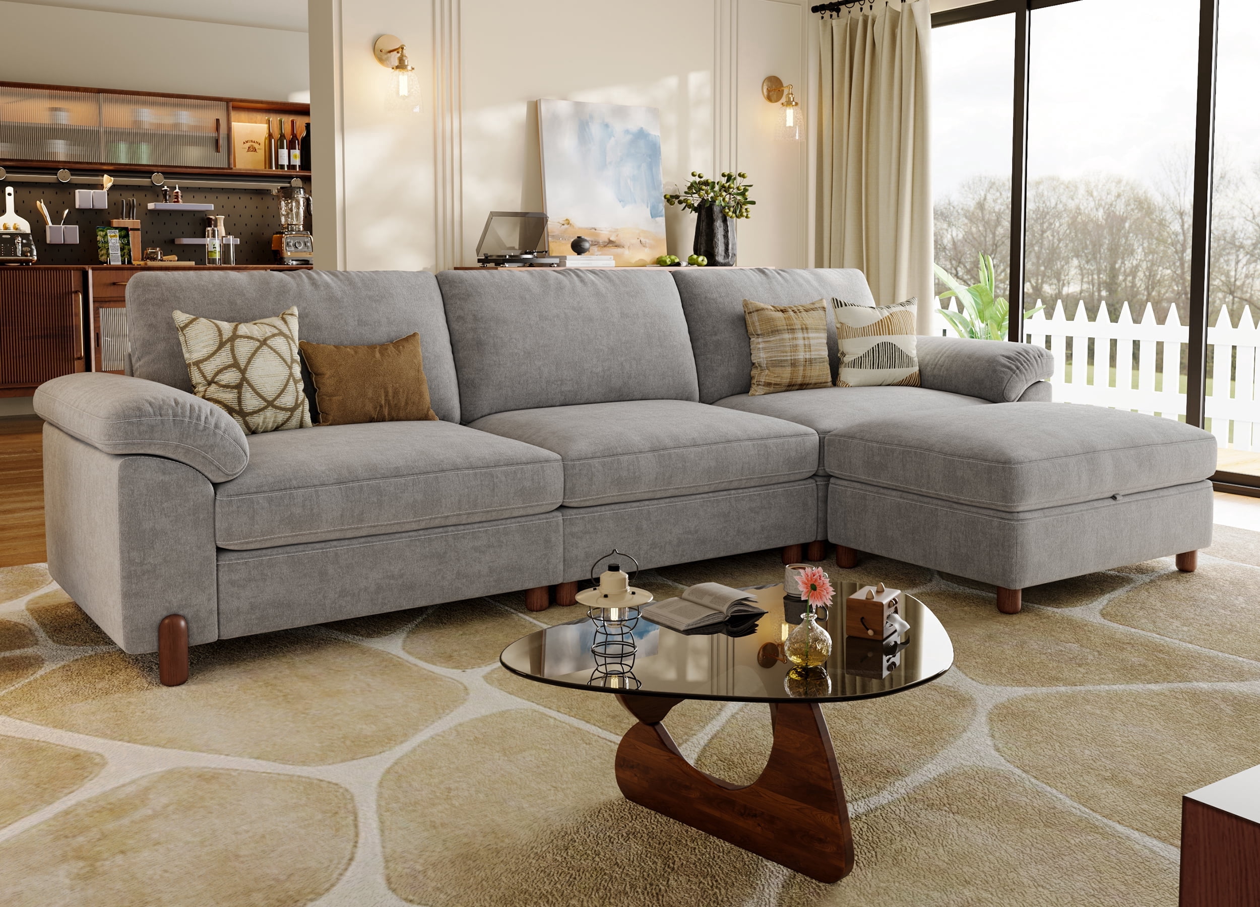 Modular Sectional Sofa with Removable Washable Covers, Oversized Deep Seat 3 Seater L Shaped Couch with Storage Ottoman, Chenille in Light Gray