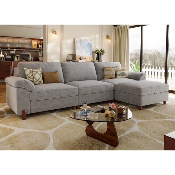 Modular Sectional Sofa with Removable Washable Covers, Oversized Deep Seat 3 Seater L Shaped Couch with Storage Ottoman, Chenille in Light Gray