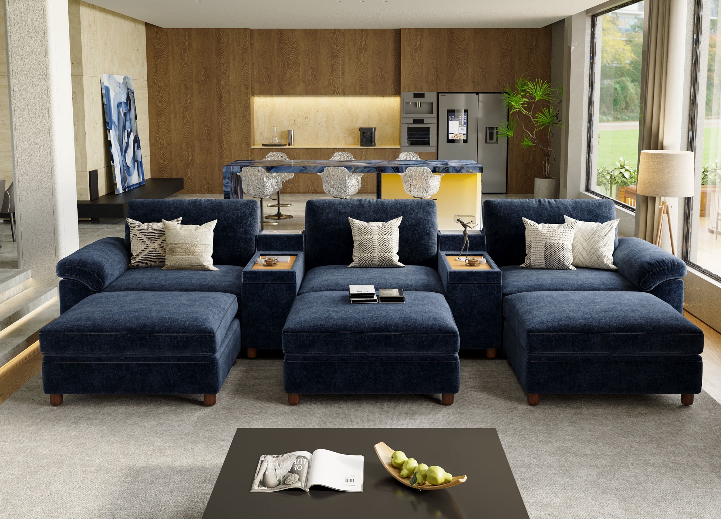 Modular Sectional Sofa with Removable Washable Covers, Oversized Deep Seat 3 Seater Sofa Bed with Versatile Console, Chenille in Navy Blue