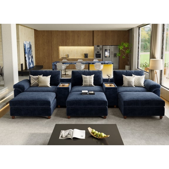 Modular Sectional Sofa with Removable Washable Covers, Oversized Deep Seat 3 Seater Sofa Bed with Versatile Console, Chenille in Navy Blue