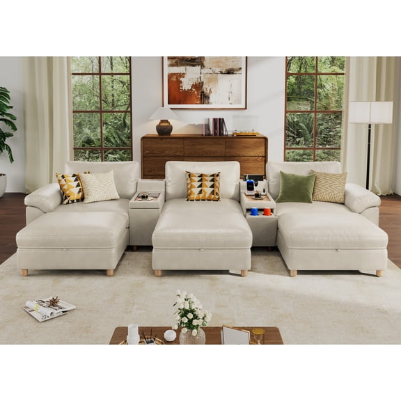 Modular Sectional Sofa with Removable Washable Covers, Oversized Deep Seat 3 Seater Sofa Bed with Versatile Console, Pet-Friendly Leather in White