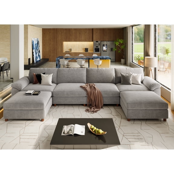 Modular Sectional Sofa with Removable Washable Covers, Oversized Deep Seat 4 Seater U Shaped Couch with Storage Ottoman, Chenille in Light Gray