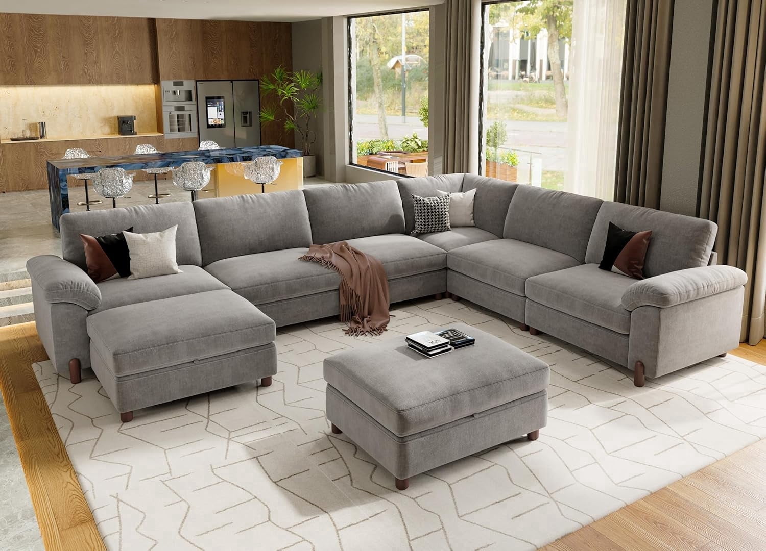 Modular Sectional Sofa with Removable Washable Covers, Oversized Deep Seat 6 Seater V Shaped Couch with Storage Ottoman, Chenille in Light Gray