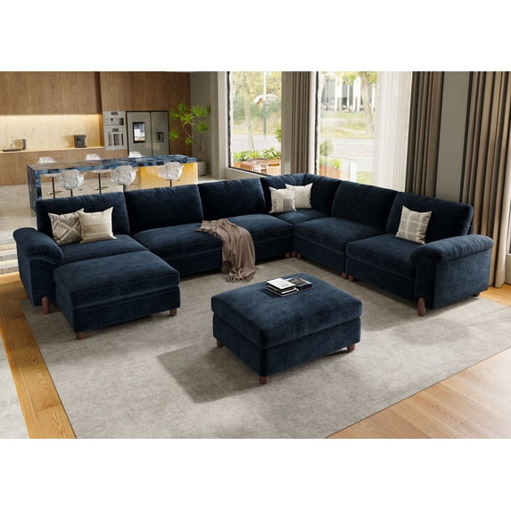 Modular Sectional Sofa with Removable Washable Covers, Oversized Deep Seat 6 Seater V Shaped Couch with Storage Ottoman, Chenille in Navy Blue