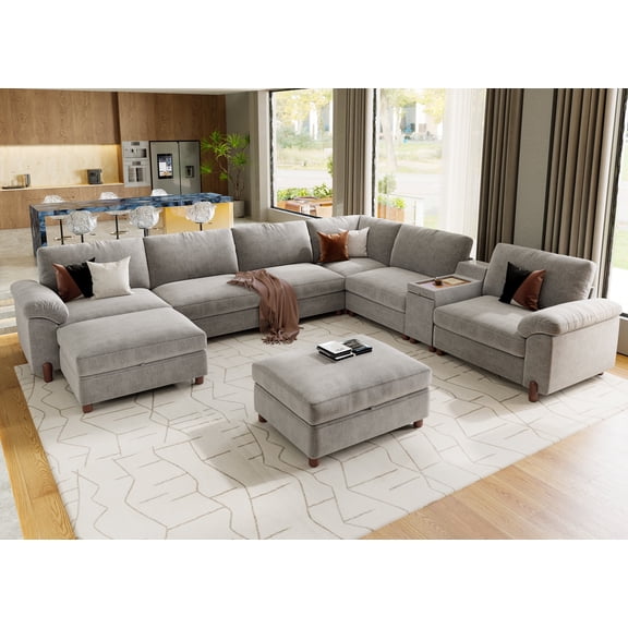 Modular Sectional Sofa with Removable Washable Covers, Oversized Deep Seat 6 Seater V Shaped Couch with Versatile Console, Chenille in Light Gray