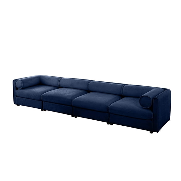 Modular Sectional Sofa with Storage, Cylindrical Backrest and Armrests, Deep Comfortable Seating, Blue Chenille, 4 Seat
