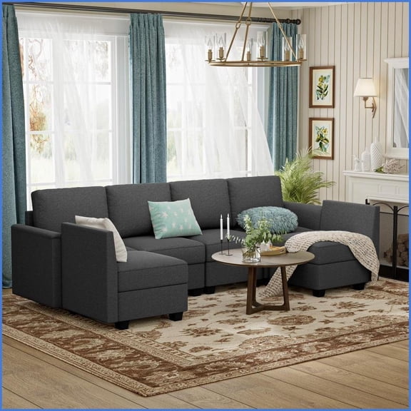 Modular Sectional Sofa with Storage Seats – 27'' Deep Memory Foam, Solid Wood Frame for Living Room | Gray | Linen | Square Arms