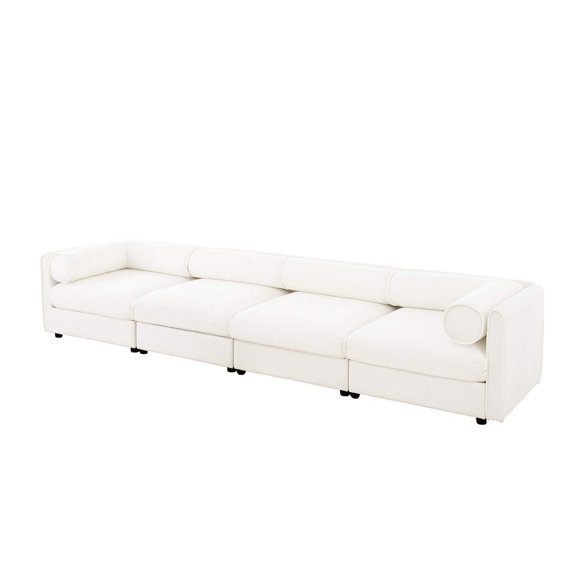 Modular Sectional Sofa with Storage and Cylindrical Support, White Chenille, 4 Seat L-Shaped Design