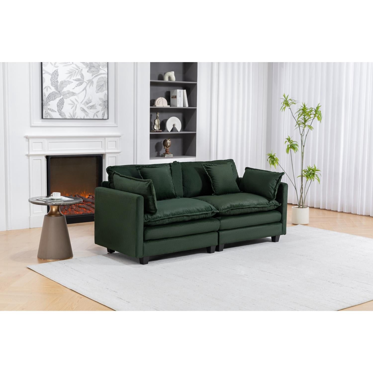 Modular Sectional Sofa with Waist Pillows, 2-Seat Upholstered Couch with Chaise Lounge for Living Room, Apartment, Small Space, Antique Green