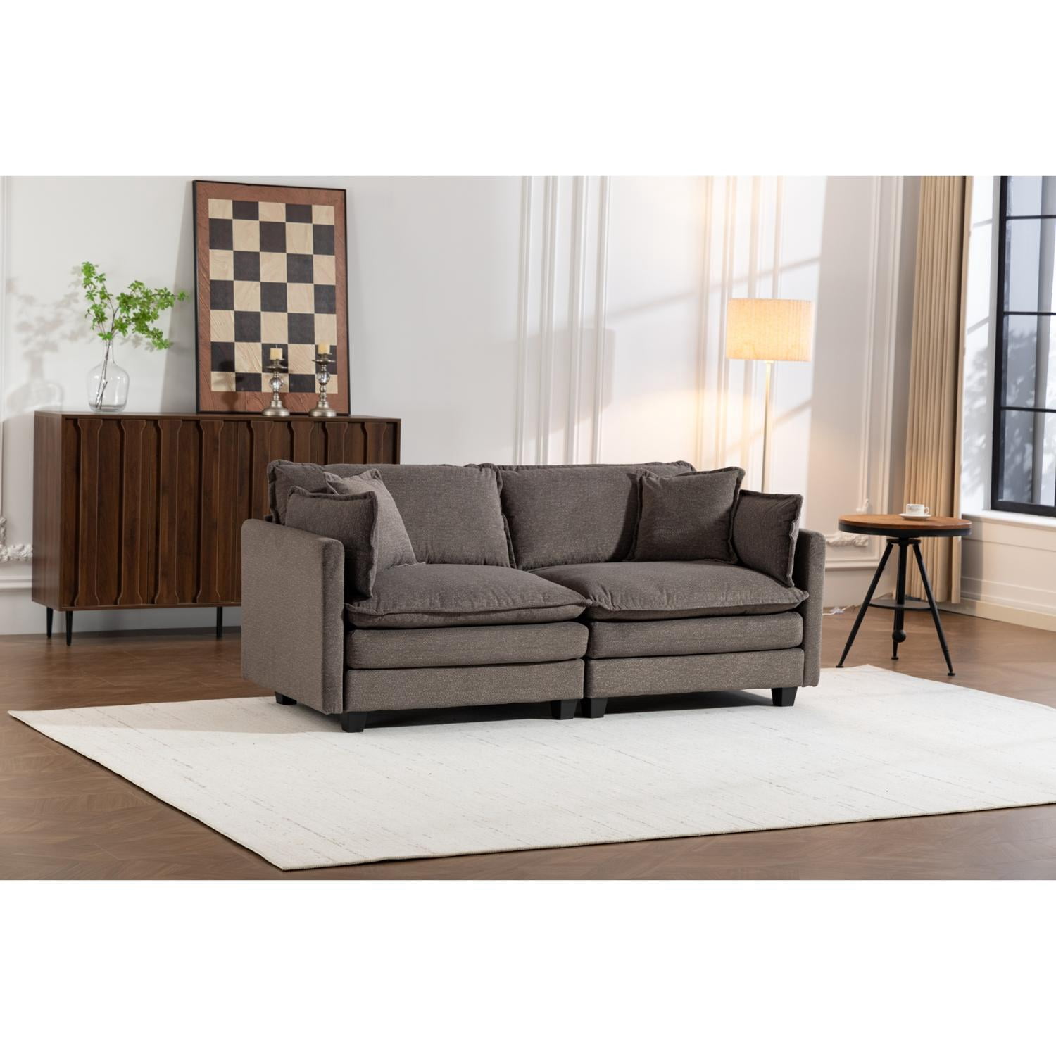 Modular Sectional Sofa with Waist Pillows, 2-Seat Upholstered Couch with Chaise Lounge for Living Room, Apartment, Small Space, Antique Grey