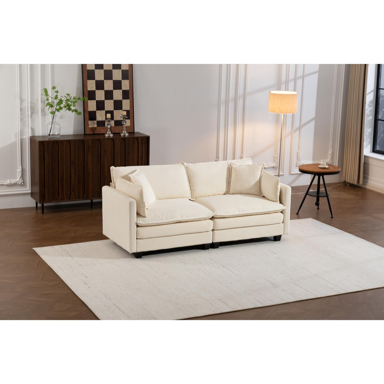 Modular Sectional Sofa with Waist Pillows, 2-Seat Upholstered Couch with Chaise Lounge for Living Room, Apartment, Small Space, Antique White
