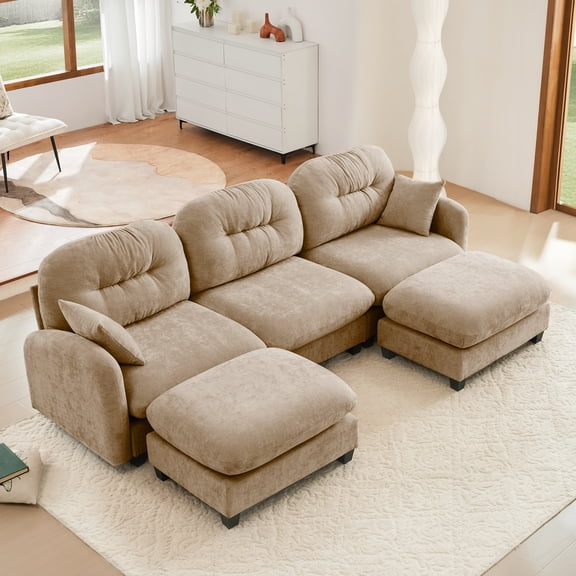 Modular Sectional U Shaped Couch With Ottoman,Premium Chenille Fabric,With 2 Throw Pillows,High-Density Foam Quilted Pleated Design,Easy Install,Fits Bedrooms,Reading Nooks,Camel