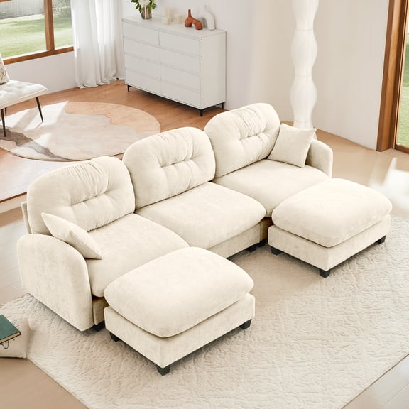Modular Sectional U Shaped Couch With Ottoman,Premium Chenille Fabric,With 2 Throw Pillows,High-Density Foam Quilted Pleated Design,Easy Install,Fits Bedrooms,Reading Nooks,Beige