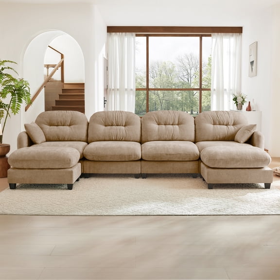 Modular Sectional U Shaped Couch With Ottoman,Soft Chenille Fabric,Quilted Pleated Design,High-Density Foam Ergonomic design,Elegant Armrests,Easy Install Fits Bedrooms Living Rooms,Camel