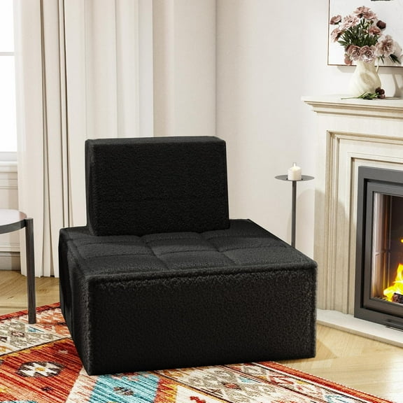 Modular Sherpa Sofa Chair, Cozy Floor Lounge Seating, No Armrests, Small Sofa for Small Spaces, Reading Nook, or Apartment Living, Single, Black