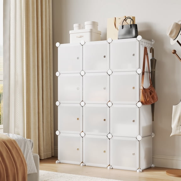 Modular Shoe Storage Cabinet, 12-Cube Stackable interlinked Plastic Organizer with Doors - Waterproof Panels - Easy Assembly - 9534124 cm - for Entryway/Closet/Bedroom, White