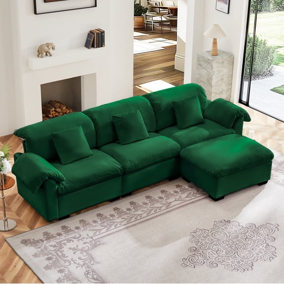 Modular Sleeper Sofa for Living Room, Cloud Couch Sectional Sofa with Storage, L-Shape Velvet Sofa with 3 Lumbar Pillows, Upholstered Wide Arm Sofa with Ottoman, Solid Wood Frame, Green