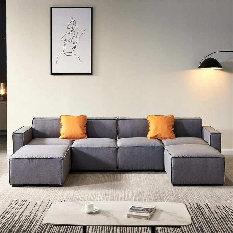 Modular Sofa with Pillows, U-Shaped Sectional Sofa with Ottoman