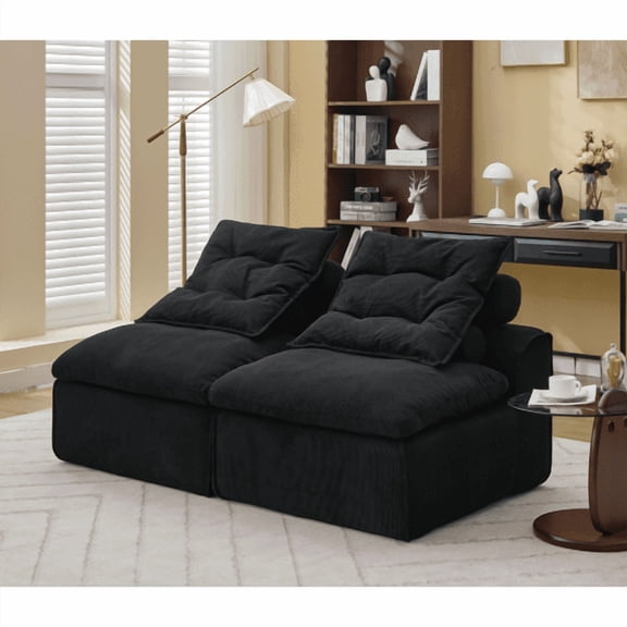 Modular Sofa 2 Seater, Armless Chenille Fabric Sectional Sofa with Neck and Lumbar Pillows, DIY Lounge Sofa for Small Space Living Room Apartment, Black