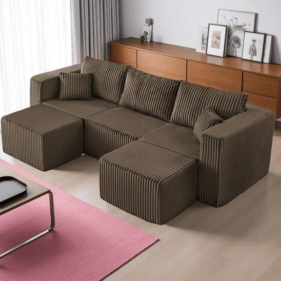 Modular Sofa, 3-Seat Sectional for Small Spaces, No Assembly Corduroy Couch, Reversible Chaise, Minimalist Living Room Furniture, Brown