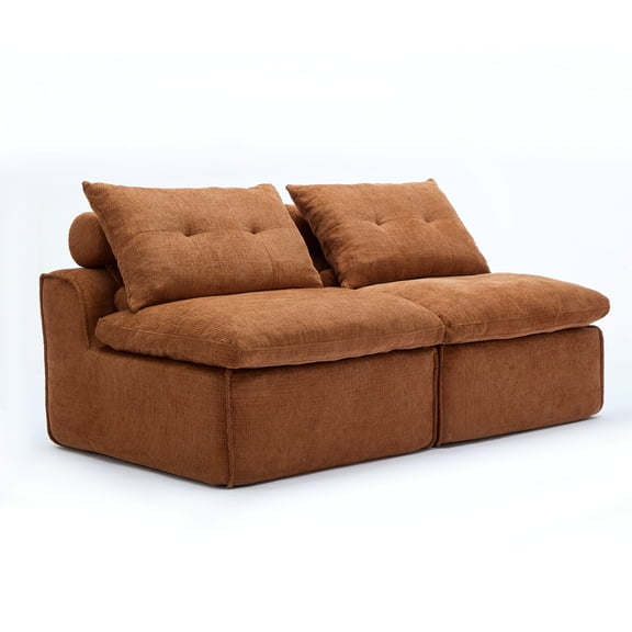 Modular Sofa, No Armrests, At Will DIY, Soft Chenille Fabric, Neck Pillow-Back Lounge Sofa Chair, Reading Nook, or Apartment Living, Lumbar Pillow, 2 Seats, Upholstered (Orange)