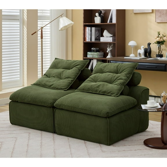 Modular Sofa, No Armrests, At Will DIY, Soft Corduroy Fabric, Neck Pillow-Back Lounge Sofa Chair, Reading Nook or Apartment Living, Lumbar Pillow, 2 Seats, Upholstered (Green)