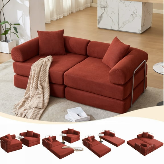 Modular Sofa Bed for Apartment,Convertible Sofa Bed,Fixed-Shape Frame & Removable Armrests,Folding Mattress sofa for Small Spaces ,No Assembly ,Corduroy,Ancora Red