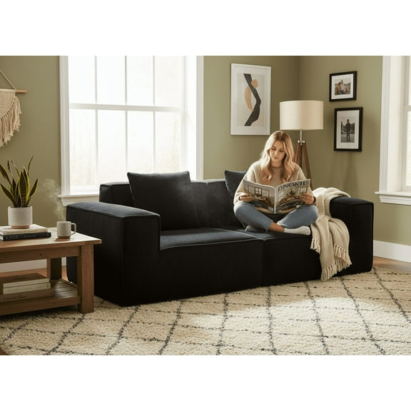 Modular Sofa (Converts to Oversized Sofa Bed), Flexible Configuration, Soft Corduroy Cloud Velvet, 2-Person, Black