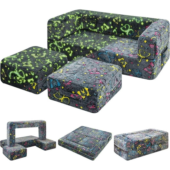 Modular - Sofa, Glow in Dark - Sofa, 3-in-1 Convertible Toddler Play Couch with High-Density Foam, Fold-Out Design for Playroom & Bedroom Furniture for Boys Girls, Butterfly