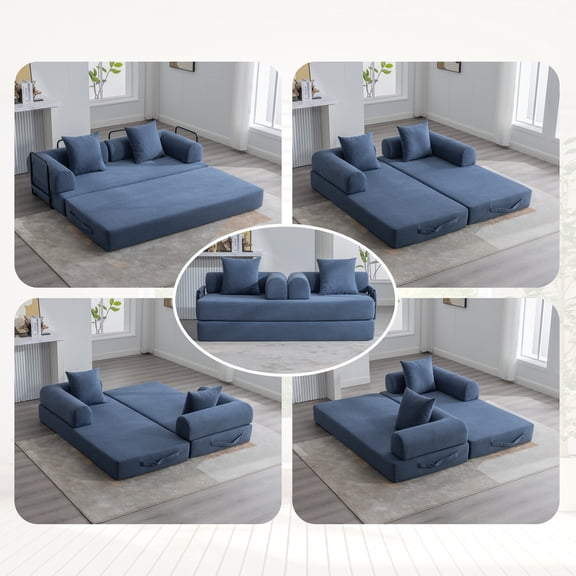 Modular Sofa, Modern Foldable Compressible Sofa with Sturdy Metal Frame, Storage Pocket and 2 Soft Cushions for Small Spaces Apartments Dormitories Living Room, Navy