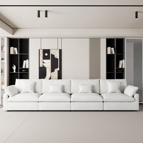 The Magic Home Modular Sofa & Sectional Sofa - Deep Seat Cloud Couch in Soft Linen Blend Fabric,Perfect for Apartment & Small Space Living,4-seat Sofa,White Couch