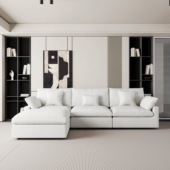 The Magic Home Modular Sofa & Sectional Sofa - L Shaped Deep Seat Cloud Couch in Soft Linen Blend Fabric,Perfect for Apartment & Small Space Living,3-seat Sofa with Ottoman,White Couch