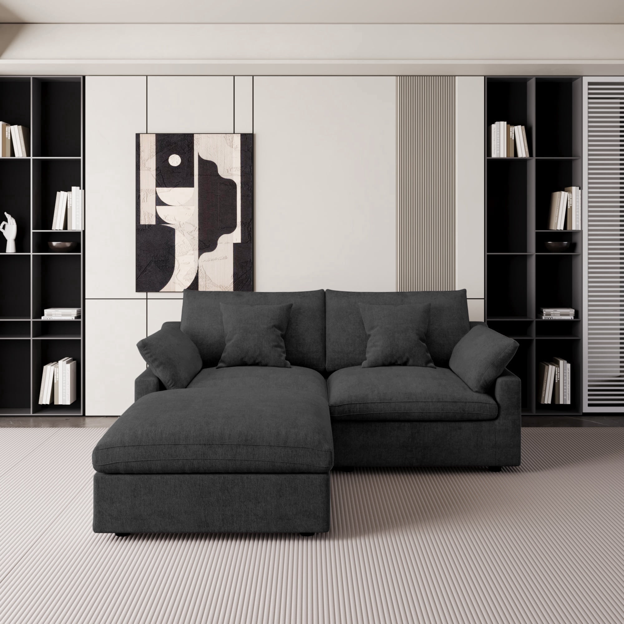 The Magic Home Modular Sofa & Sectional Sofa - L Shaped Deep Seat Cloud Couch in Soft Linen Blend Fabric,Perfect for Apartment & Small Space Living,Loveseat Sofa with Ottoman,Black Couch