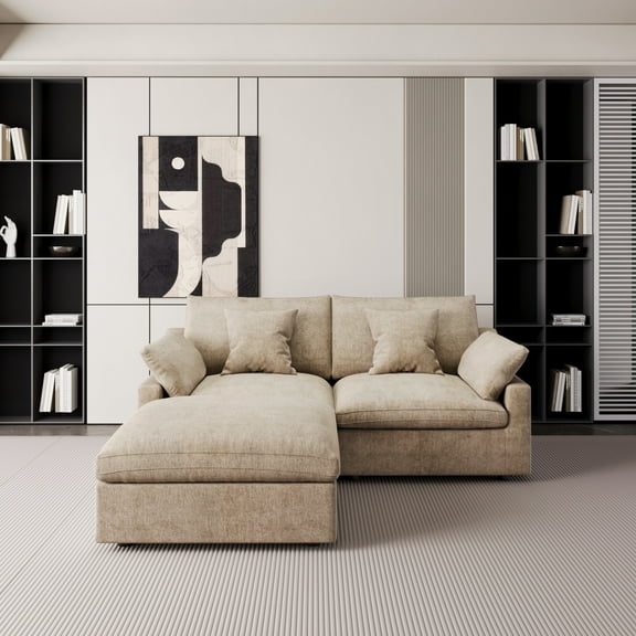 The Magic Home Modular Sofa & Sectional Sofa - L Shaped Deep Seat Cloud Couch in Soft Linen Blend Fabric,Perfect for Apartment & Small Space Living,Loveseat Sofa with Ottoman,Khaki Couch