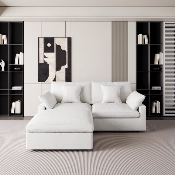 The Magic Home Modular Sofa & Sectional Sofa - L Shaped Deep Seat Cloud Couch in Soft Linen Blend Fabric,Perfect for Apartment & Small Space Living,Loveseat Sofa with Ottoman,White Couch