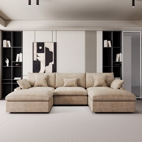 The Magic Home Modular Sofa & Sectional Sofa - U Shaped Deep Seat Cloud Couch in Soft Linen Blend Fabric,Perfect for Apartment & Small Space Living,5-seat Sofa with Two Ottomans,Khaki Couch