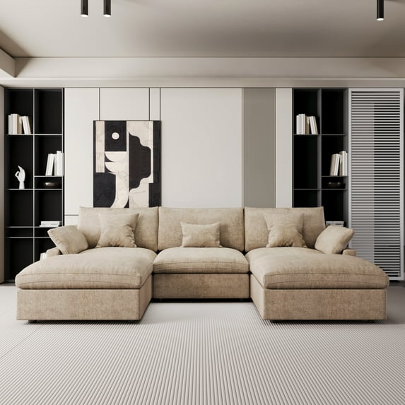 The Magic Home Modular Sofa & Sectional Sofa - U Shaped Deep Seat Cloud Couch in Soft Linen Blend Fabric,Perfect for Apartment & Small Space Living,5-seat Sofa with Two Ottomans,Khaki Couch