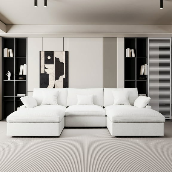 The Magic Home Modular Sofa & Sectional Sofa - U Shaped Deep Seat Cloud Couch in Soft Linen Blend Fabric,Perfect for Apartment & Small Space Living,5-seat Sofa with Two Ottomans,White Couch