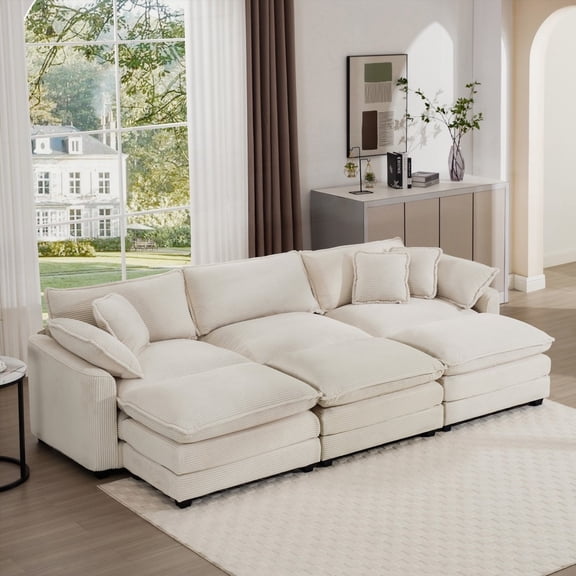 Modern Simple Corduroy 3-Seater Sofa 220cm with 3 Ottomans, Convertible to Sleeper Bed