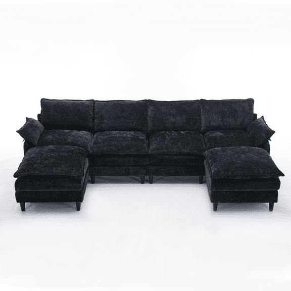 Modular Sofa, U Shaped Cloud Couch Comfy Set, 6-Seater, 2 Armrest Pillows, Convertible Sectional Couch, Living Room, Apartment, Chenille (2 Movable Ottoman) (Black)