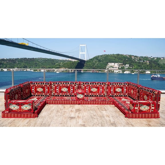 Modular Sofa, U Shaped Red Diwan Sofa, Floor Seating Cushions, Turkish Sofa, Sleeper Sofa, Convertible Sofa, Arabic Majlis Seating