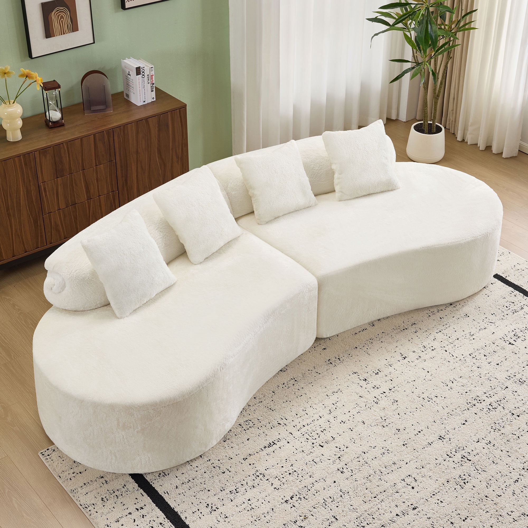 Modular Sofa, White Curved Plush Sectional with Foam Spring Support, 111-Inch Multi-Seat Sleeper for Living Room and Small Spaces
