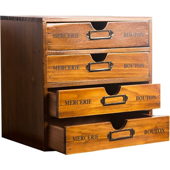 Modular Stackable Apothecary Cabinet 4 Drawer Desk Organizer - Retro Library Card Catalog Wood Storage Box - Organize Stationery, Thread Embroidery, Sewing, Crafts, Junk Drawer & Supplies Countertop