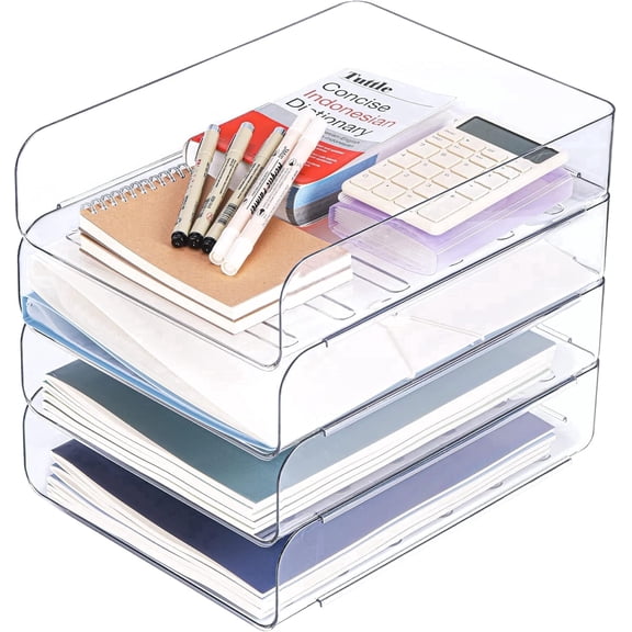 Modular Stackable Desk Organizer, Set of 4 Clear PET Letter Trays for Paper, Documents, Pens & Office Supplies - Space Saving Office Storage