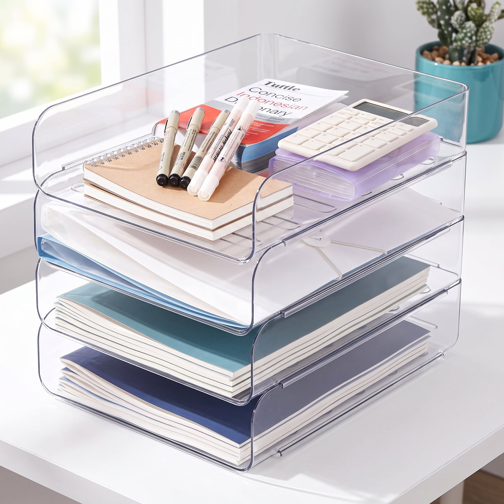 Modular Stackable Desk Organizer, Set of 4 Clear PET Letter Trays for Paper, Documents, Pens & Office Supplies - Space S